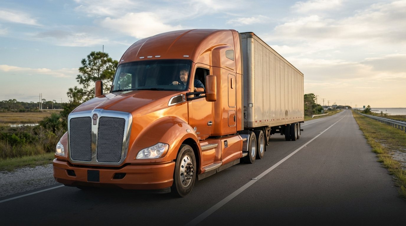 A clean, well-kept loaded tractor-trailer running an open Gulf Coast highway in low afternoon sun, shot front three-quarter from a slightly low roadside angle so the cab face, grille and windshield dominate; the trailer runs back into the frame and the road ahead opens to the right. Roofline sits inside the top 15% of the frame — minimal sky, no empty foreground. Unbranded livery, weather in the sky, warm highlights against slightly cooled shadows.